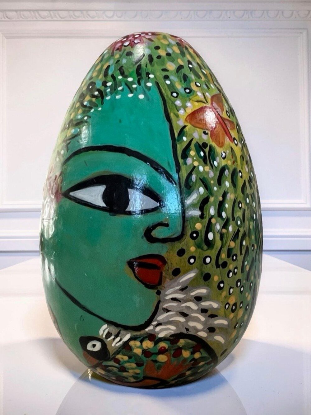 Mexican Terra Cotta Clay Folk Art Egg Hand Crafted Painted Multi Colors Signed